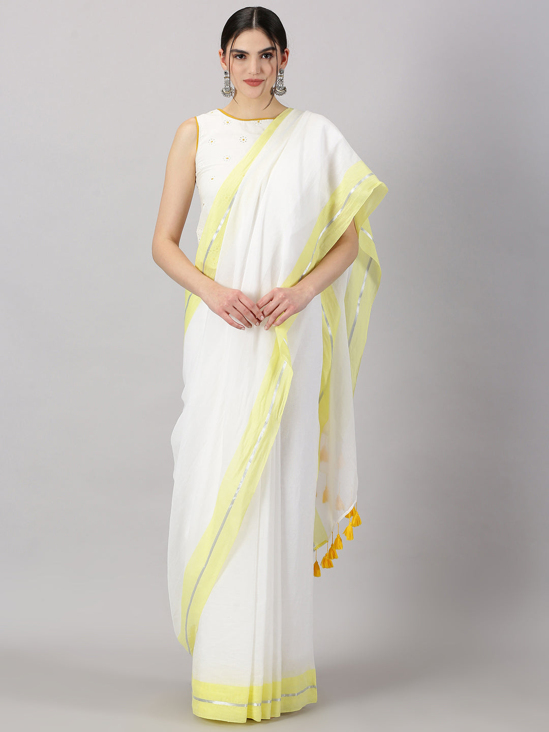 Off White Mul Cotton Ready To Wear/Easy Saree
