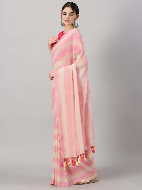Pink and Off-White Striped Mul Mul Cotton Saree with Tassels