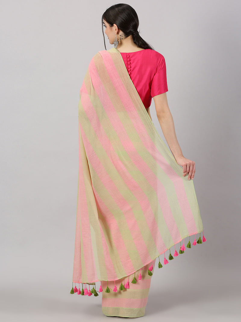 Pink and Green Striped Mul Mul Cotton Saree with Tassels