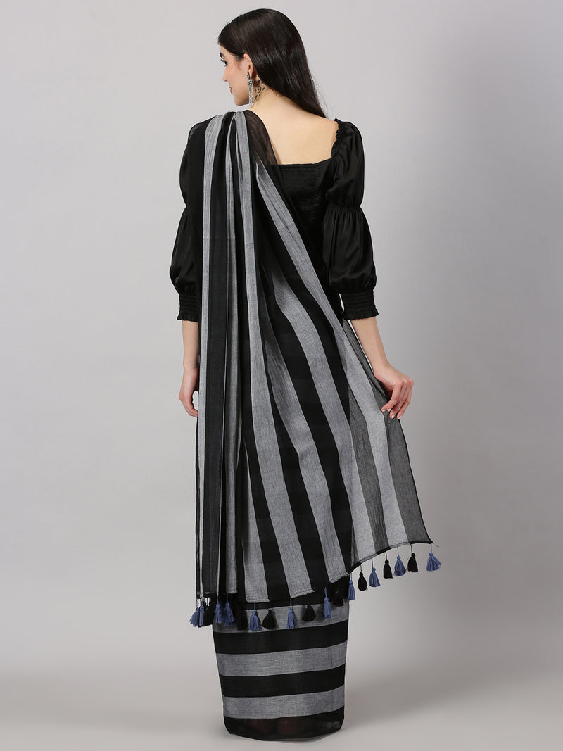 Black and Grey Striped Mul Mul Cotton Saree with Tassels