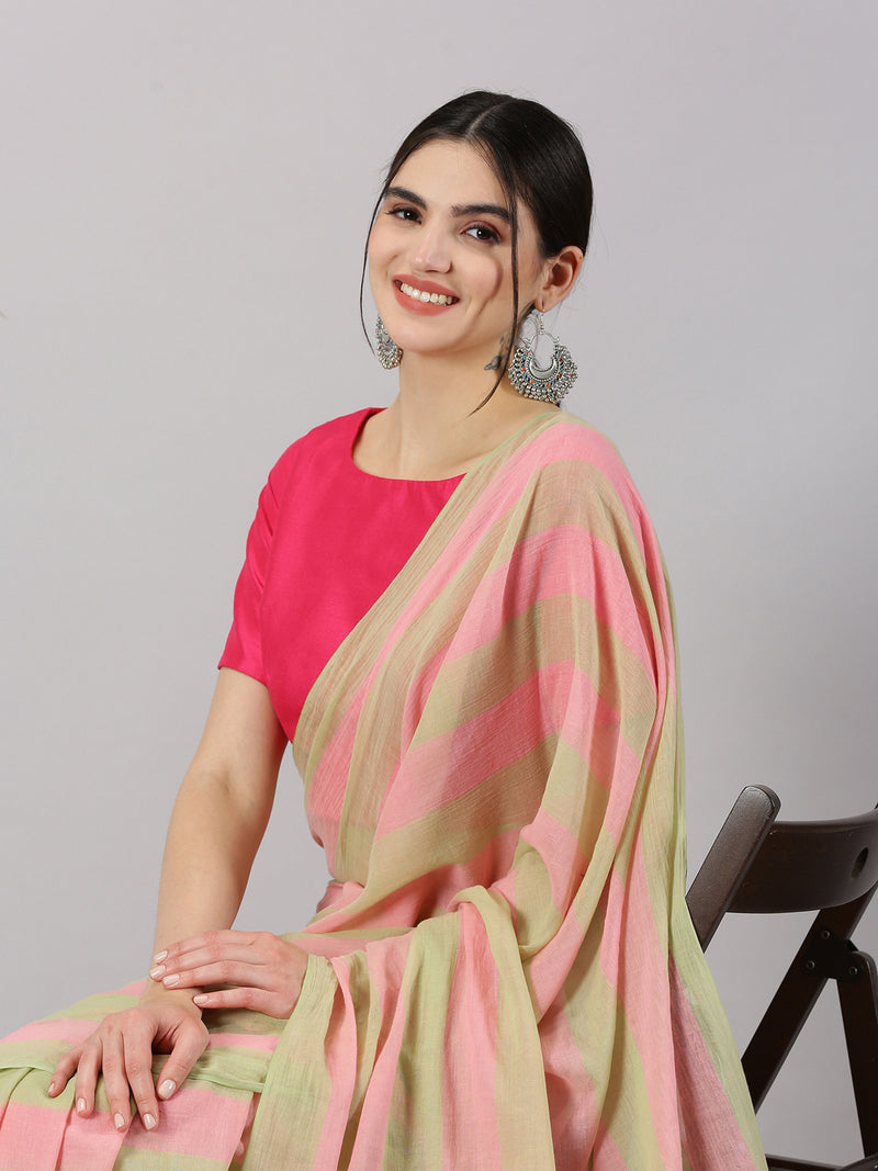 Pink and Green Striped Mul Mul Cotton Saree with Tassels