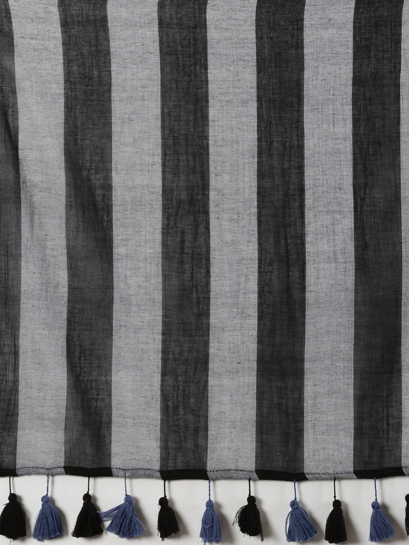 Black and Grey Striped Mul Mul Cotton Saree with Tassels
