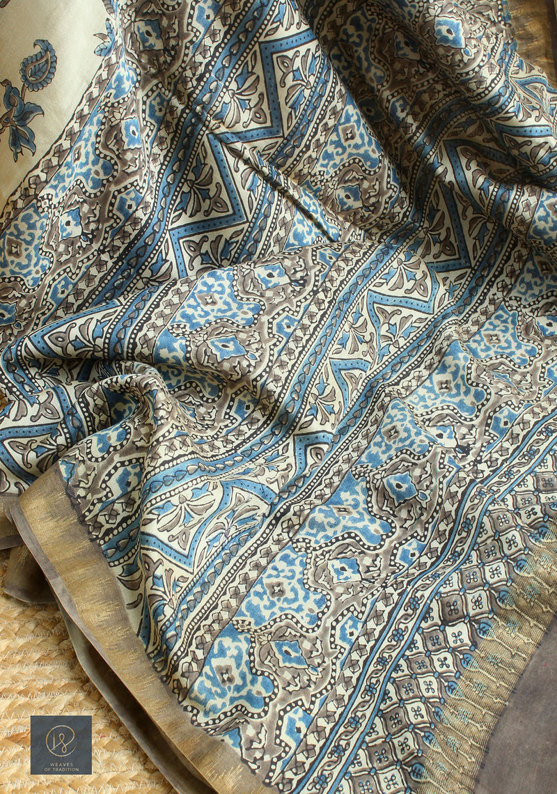 Off-White Ajrakh Hand Block Printed Chanderi Cotton Silk Saree