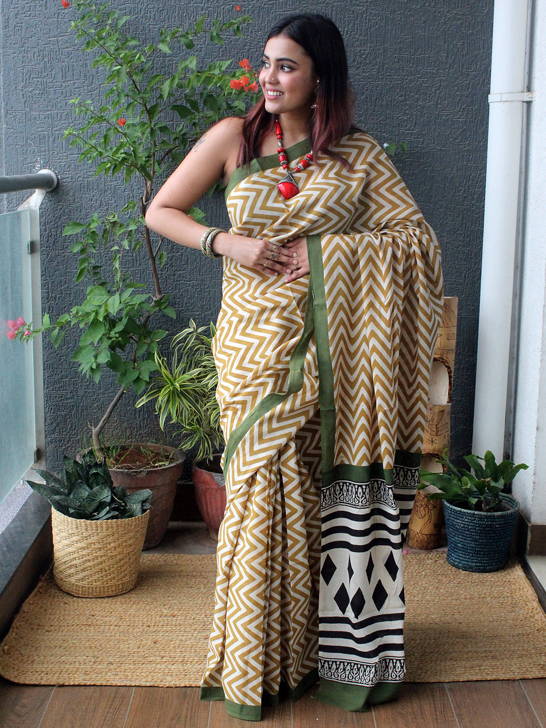 Off-White Bagh Hand Block Printed Mul Cotton Saree
