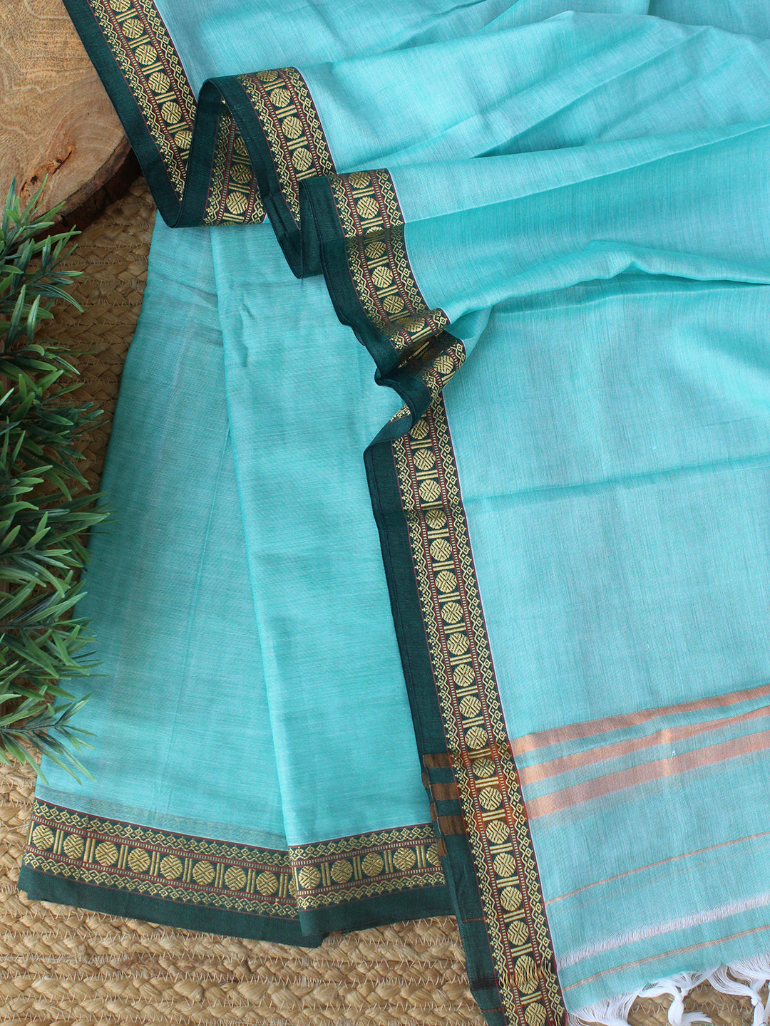 Dark Blue Dharwad Cotton Dress Material with Elephant Borders