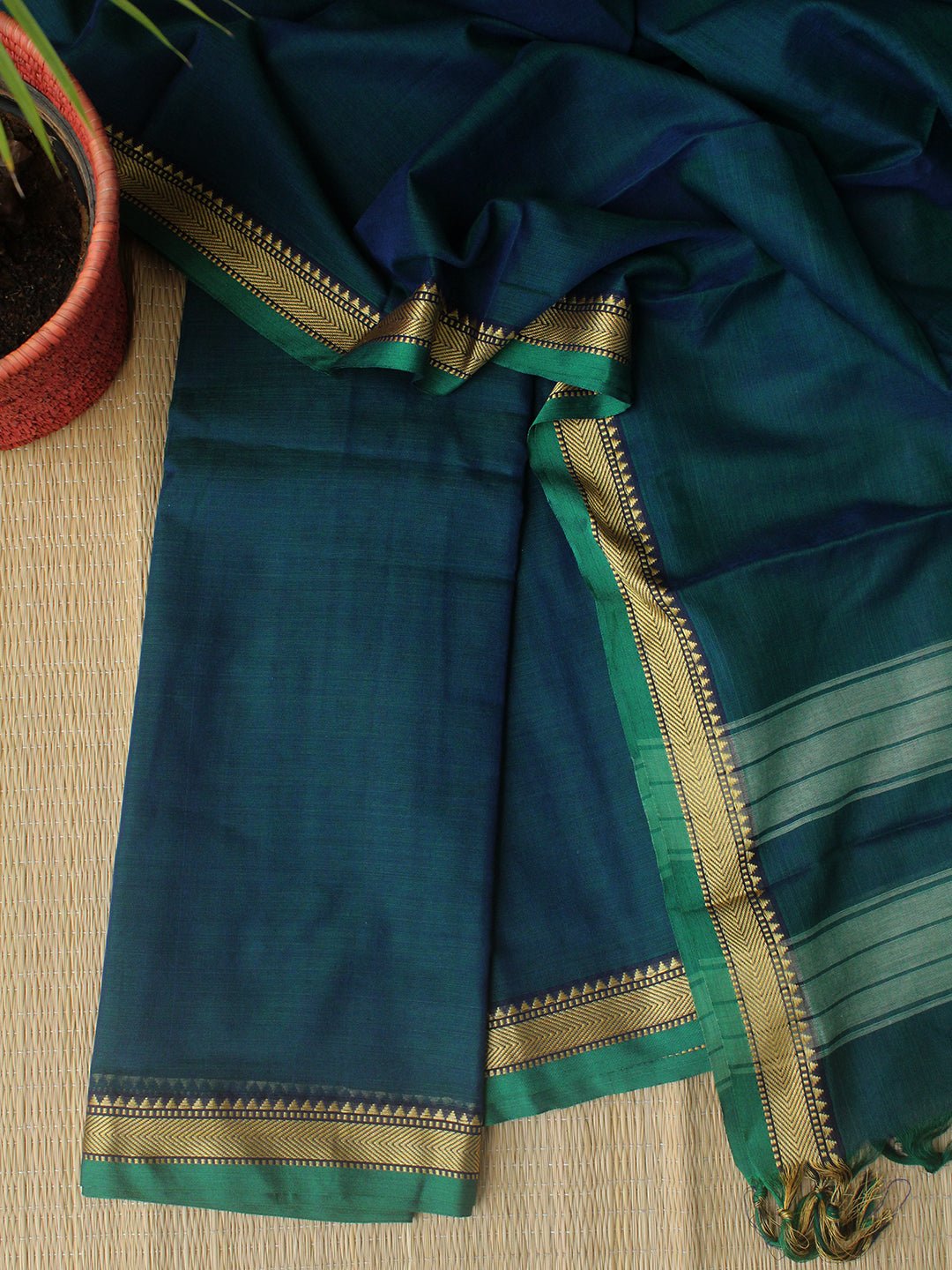 Blue and Green Dharwad Cotton Dress Material With Woven Borders main image 1
