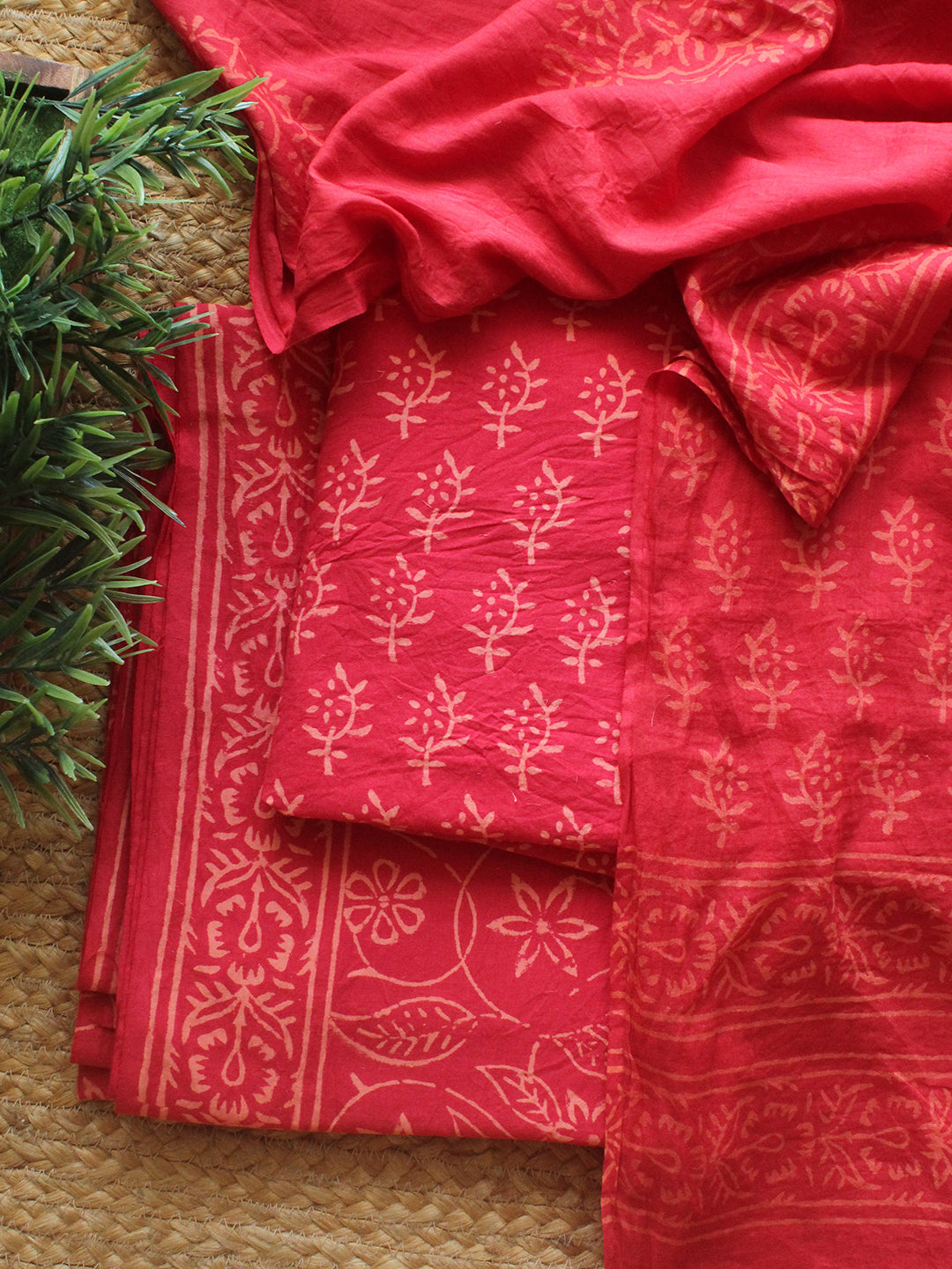 Bagru Floral Printed Dress Material with Mirror Work Yoke.(Rust)