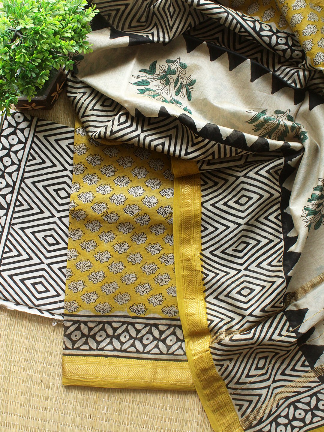 Black and Maroon Bagru Hand Block Printed Maheshwari Dress Material
