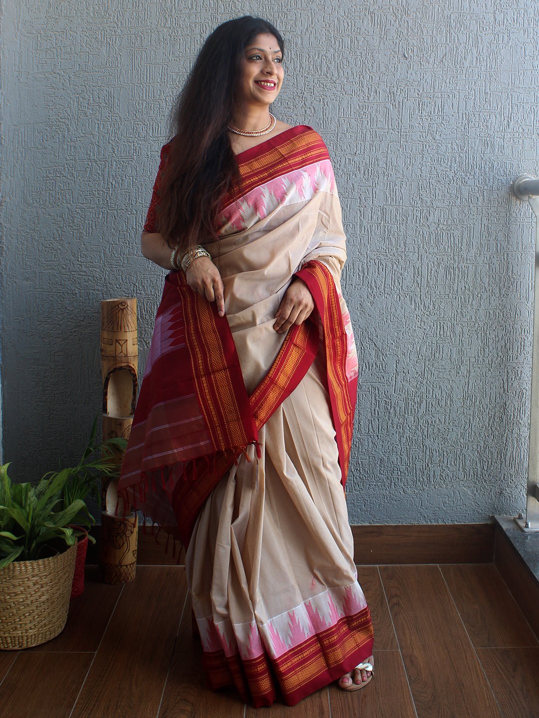 White Mercerized Cotton Silk Handloom Ilkal Saree