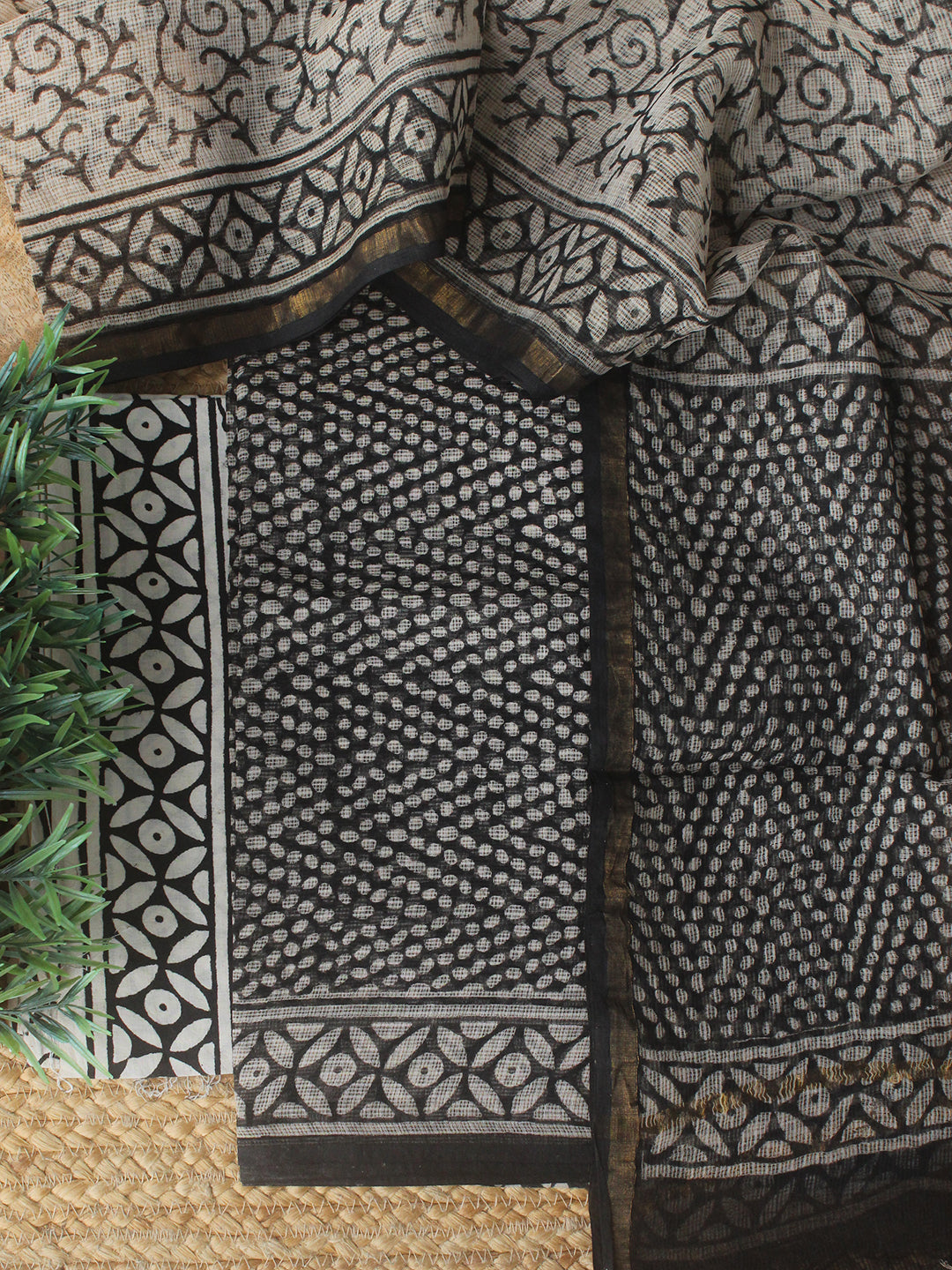 Brown Bagru Hand Block Printed Kota Doria Dress Material