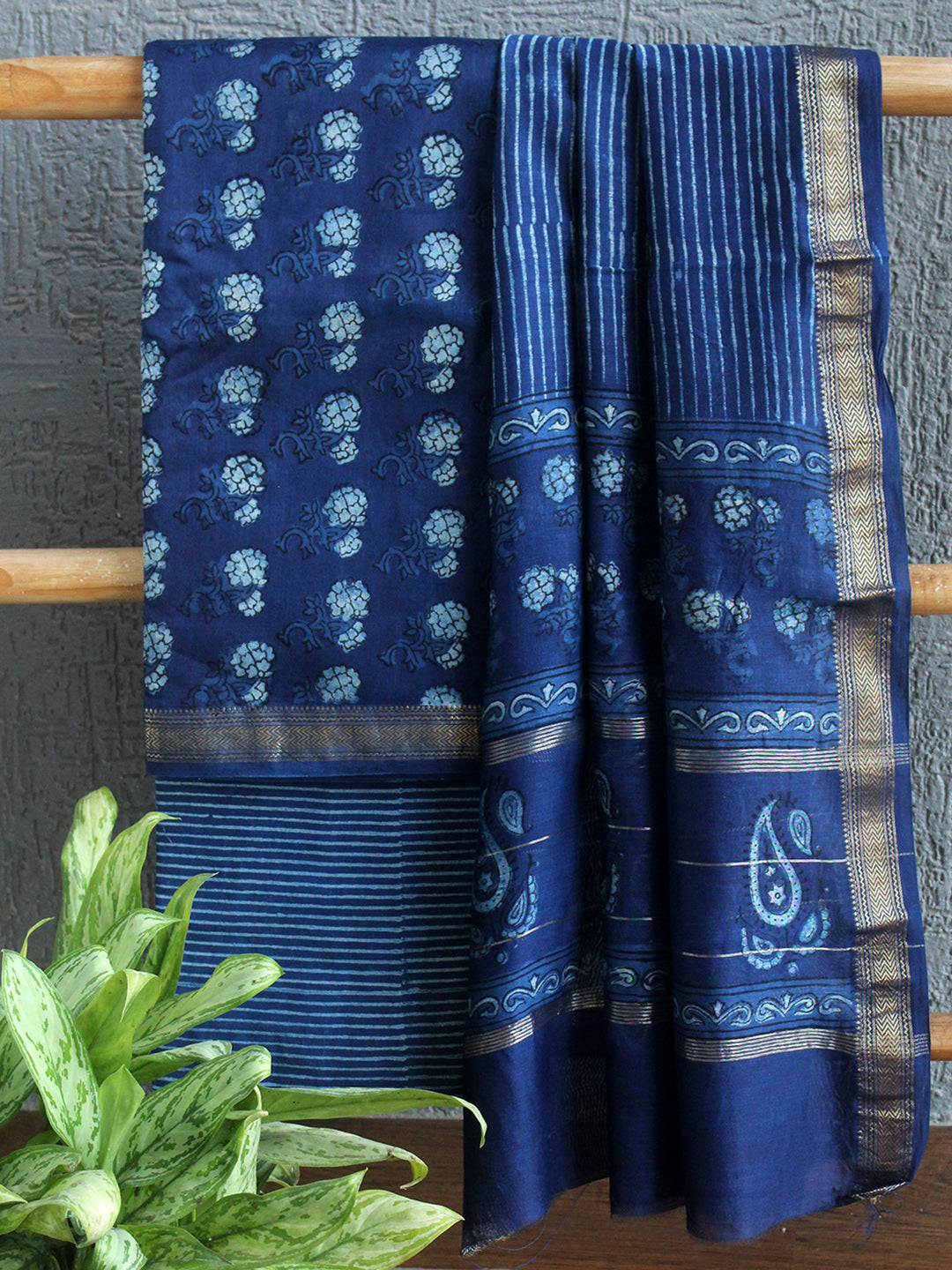 Blue Hand Block Printed Maheshwari Dress Material