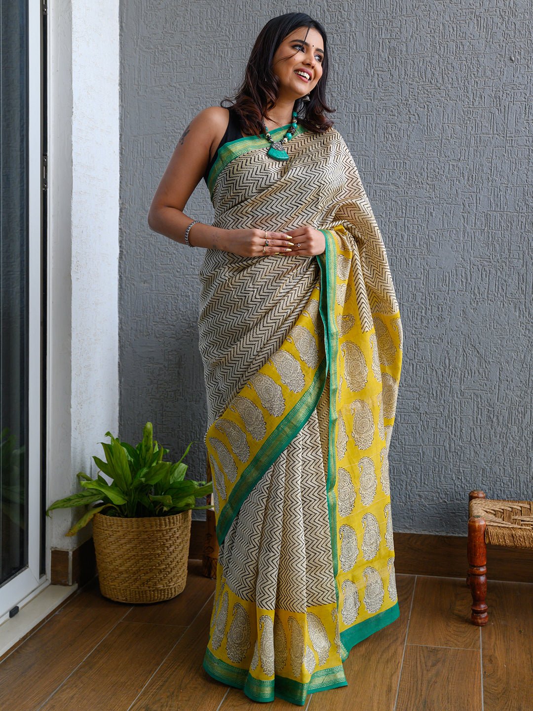 Green - Maheshwari Silk Hand Block Bagru Print 3pc Unstitched Dress Material 87
