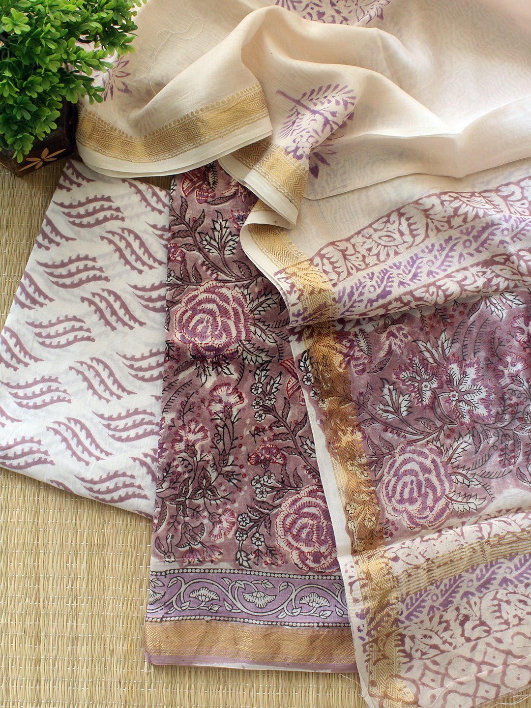 Black and Maroon Bagru Hand Block Printed Maheshwari Dress Material