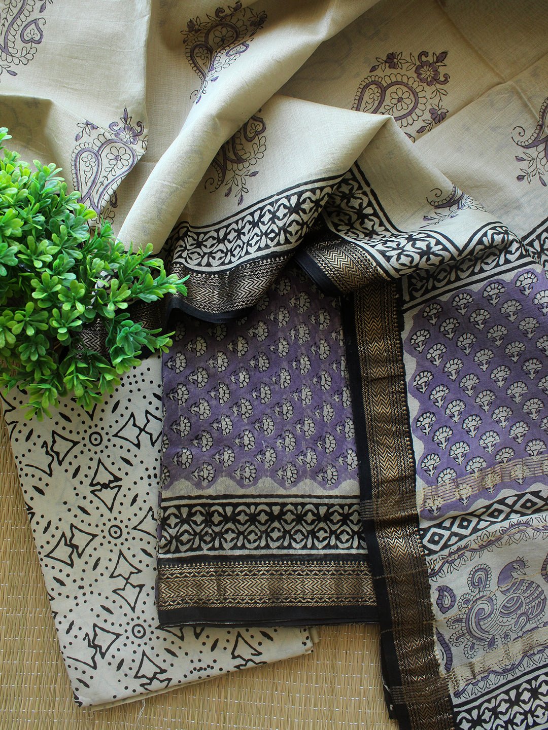 Black Bagru Hand Block Printed Maheshwari Dress Material main image 0