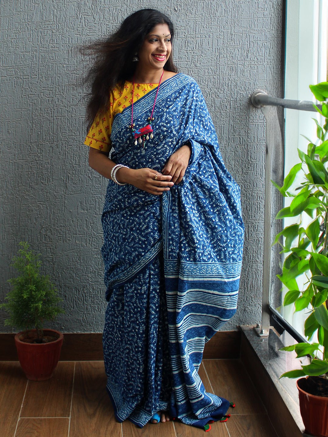 Weaves of Tradition Bagru Hand Block Printed Maheshwari Silk Saree