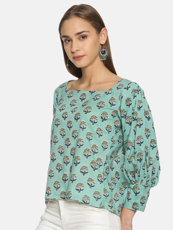 Sea Green Hand Block Printed Cotton Relaxed Top with Puffed Sleeves