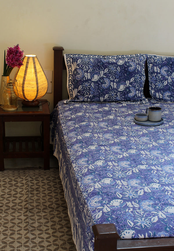 Blue and White Hand Block Printed Pure Cotton King Size Bedsheet with Pillow Covers