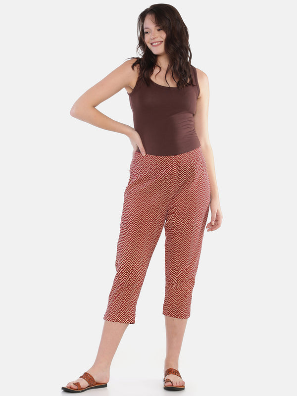 Brown Naturally Dyed Cotton Chevron Hand Block Printed Cropped Cigarette Pants