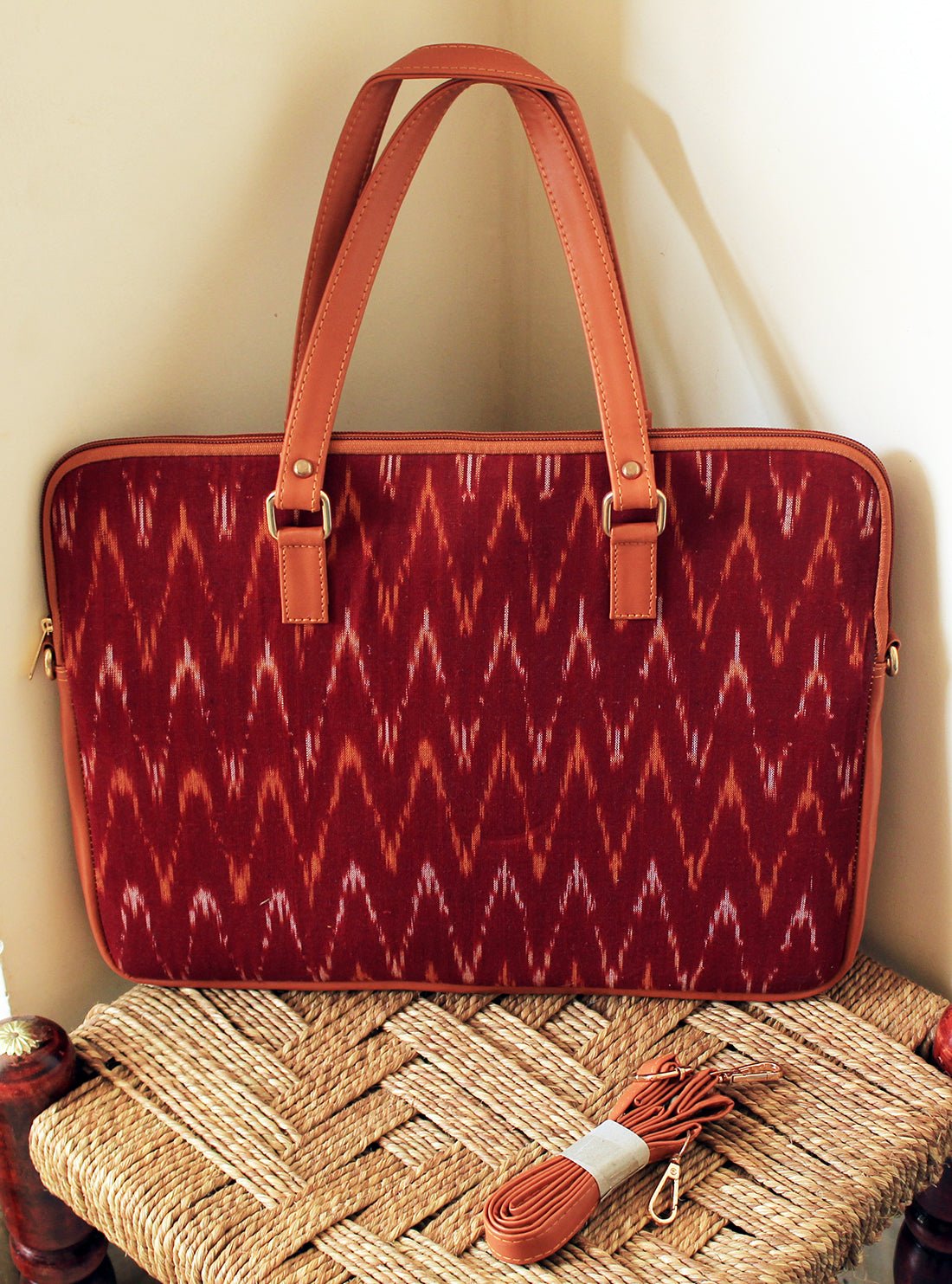 Maroon Handloom Ikkat Cotton Laptop Bag with Adjustable Belt  Weaves ...