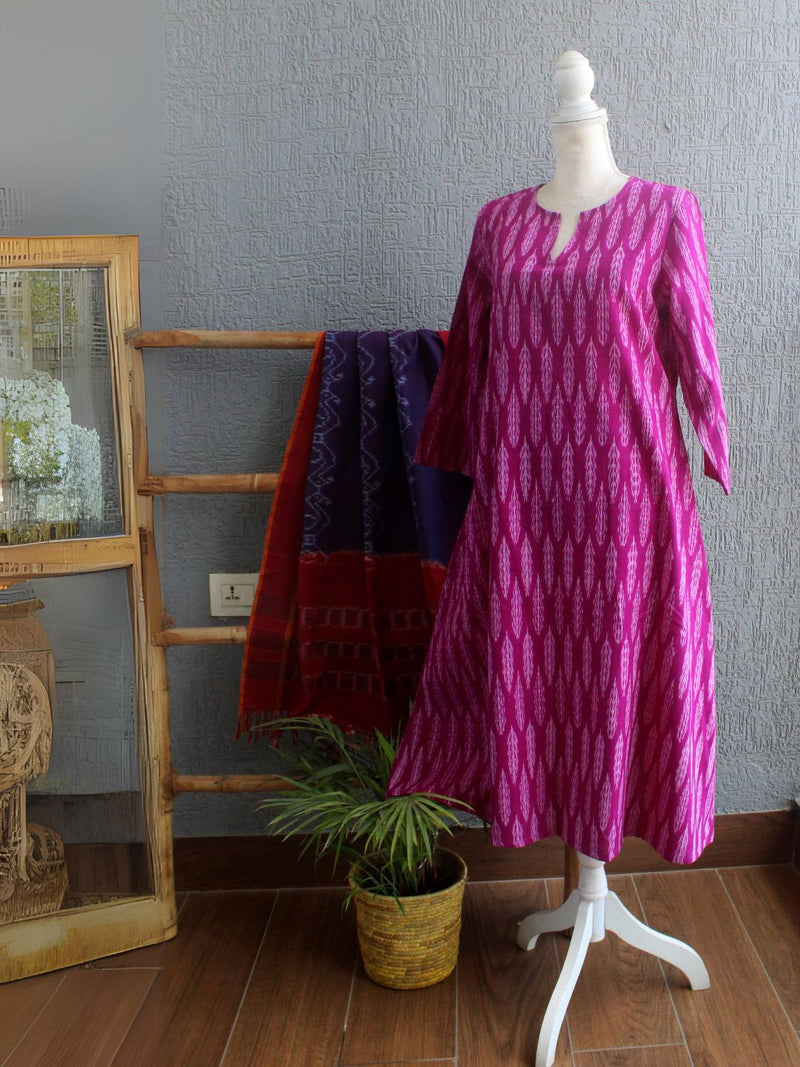 Ikkat Handloom A-Line Cotton Kurta – Weaves of Tradition