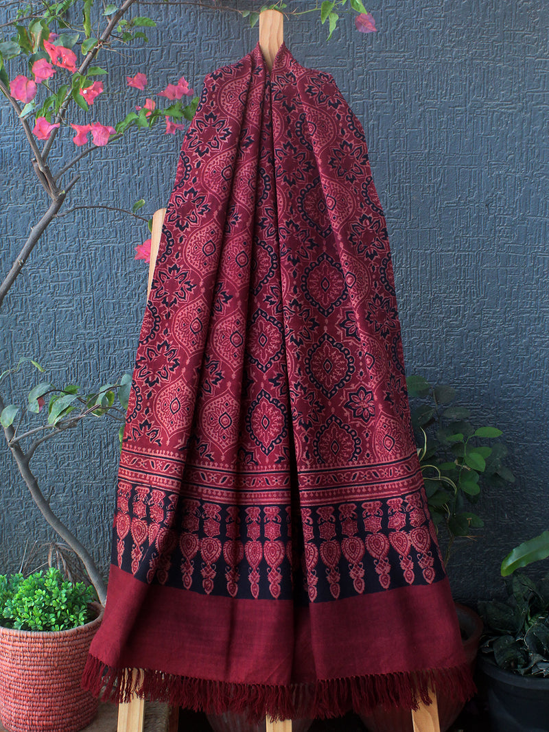 Red Bhujodi Handloom Pure Wool Ajrakh Hand Block Printed Stole