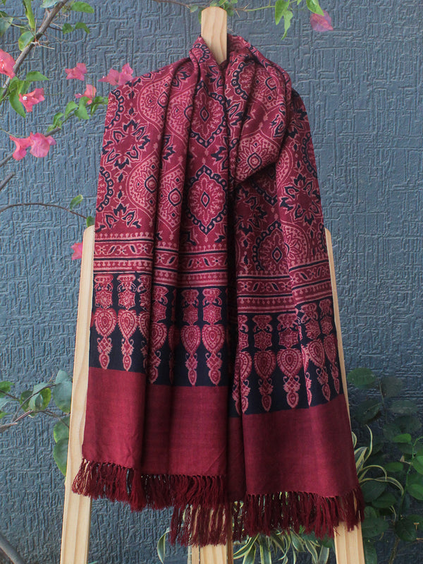 Red Bhujodi Handloom Pure Wool Ajrakh Hand Block Printed Stole