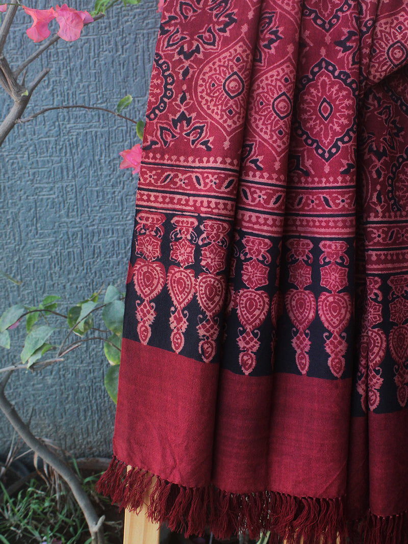 Red Bhujodi Handloom Pure Wool Ajrakh Hand Block Printed Stole