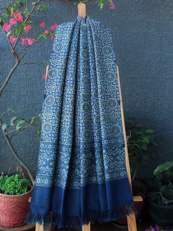 Indigo Bhujodi Handloom Pure Wool Ajrakh Hand Block Printed Stole