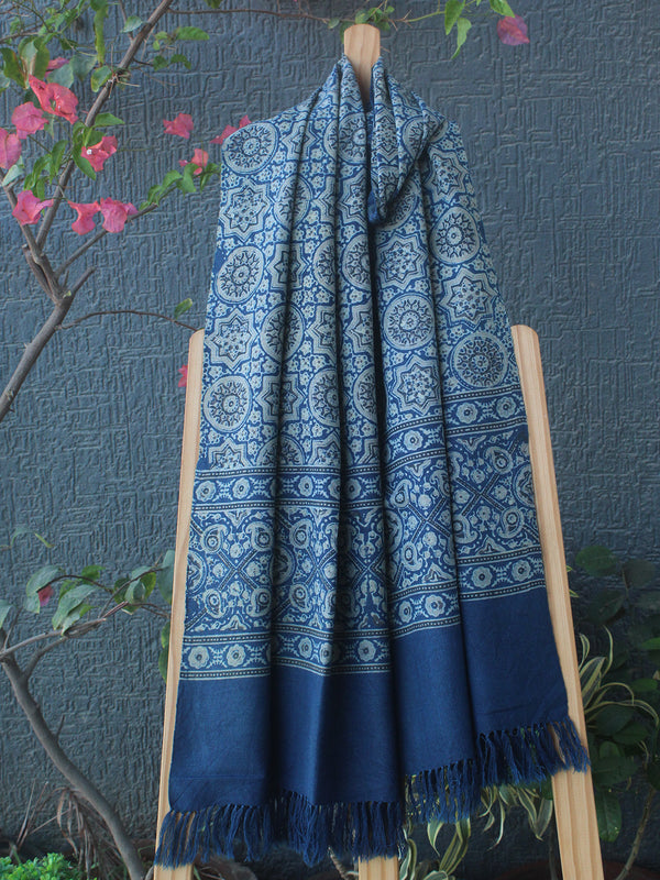 Indigo Bhujodi Handloom Pure Wool Ajrakh Hand Block Printed Stole