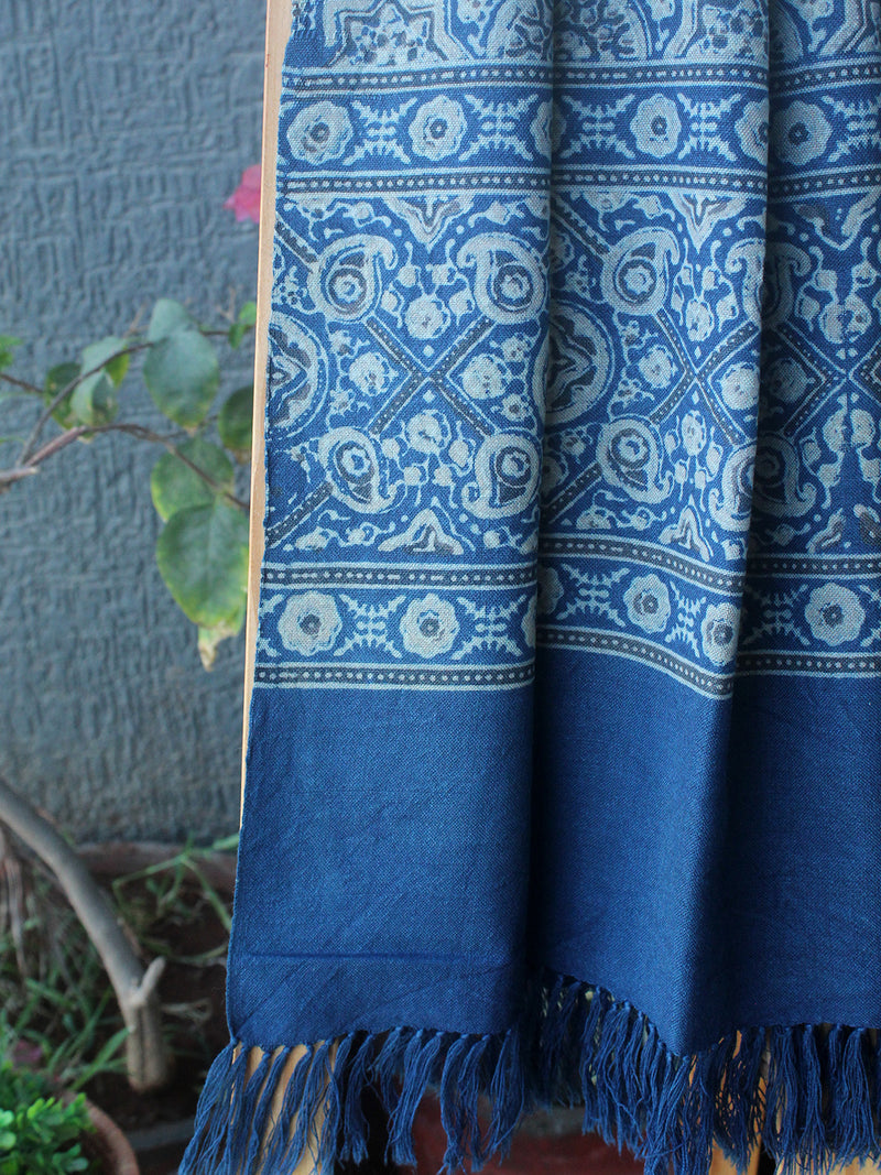 Indigo Bhujodi Handloom Pure Wool Ajrakh Hand Block Printed Stole