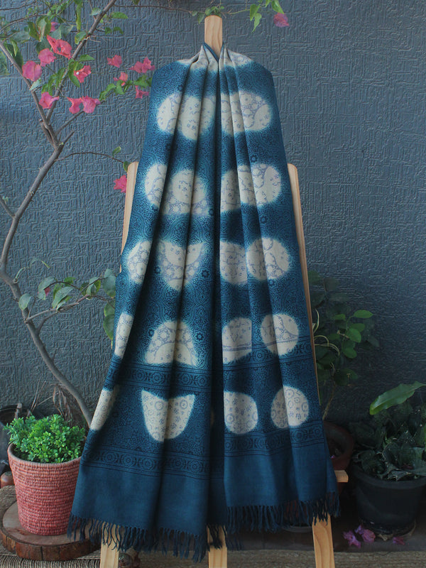 Indigo Bhujodi Handloom Pure Wool Ajrakh and Clamp Dyed Stole
