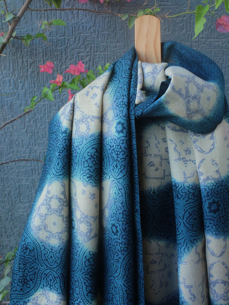 Indigo Bhujodi Handloom Pure Wool Ajrakh and Clamp Dyed Stole