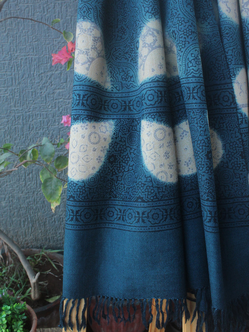 Indigo Bhujodi Handloom Pure Wool Ajrakh and Clamp Dyed Stole