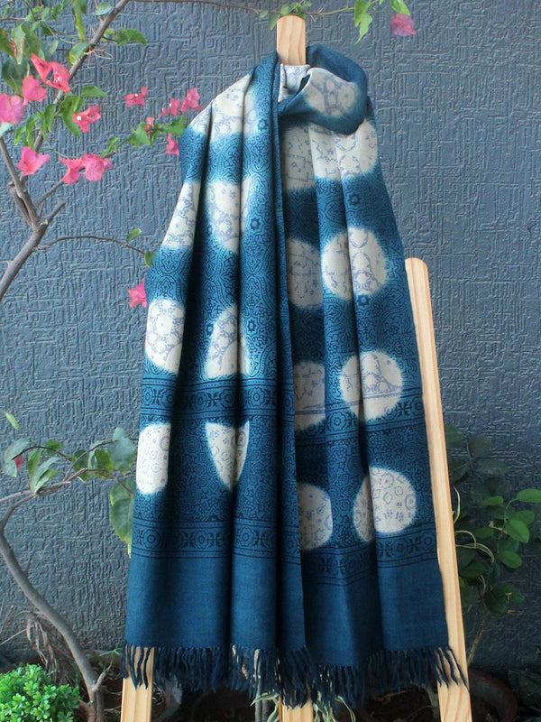 Indigo Bhujodi Handloom Pure Wool Ajrakh and Clamp Dyed Stole