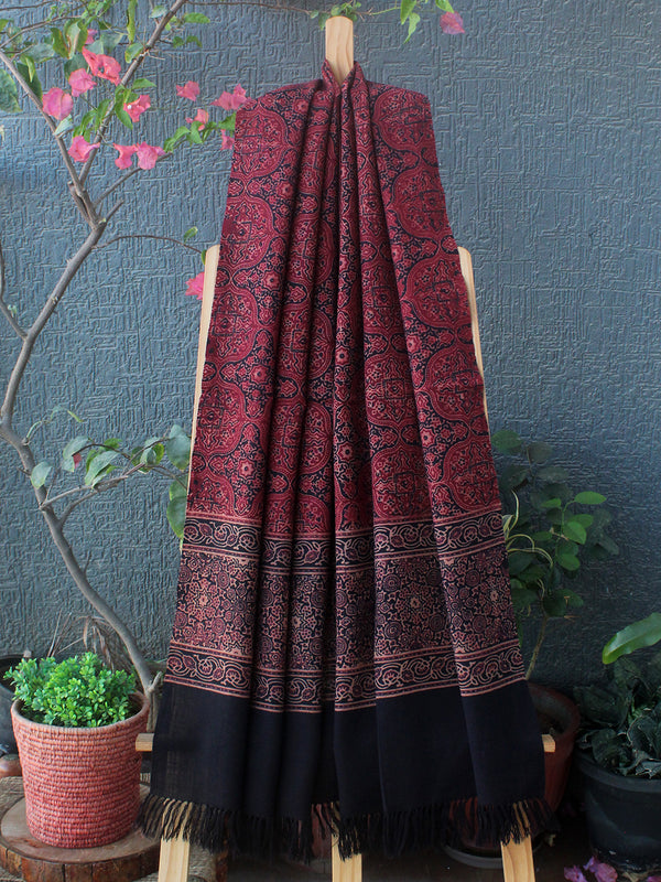 Red Bhujodi Handloom Pure Wool Ajrakh Hand Block Printed Stole
