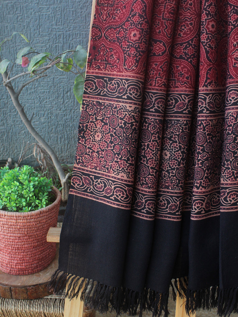 Red Bhujodi Handloom Pure Wool Ajrakh Hand Block Printed Stole