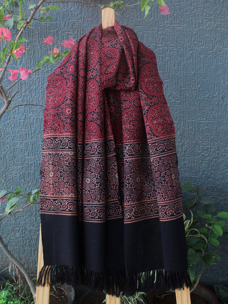 Red Bhujodi Handloom Pure Wool Ajrakh Hand Block Printed Stole