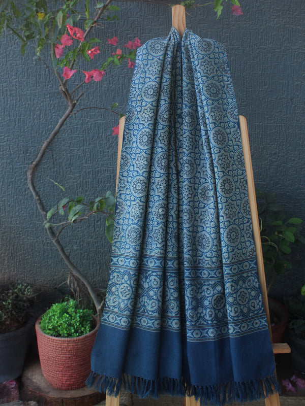 Indigo Bhujodi Handloom Pure Wool Ajrakh Hand Block Printed Stole