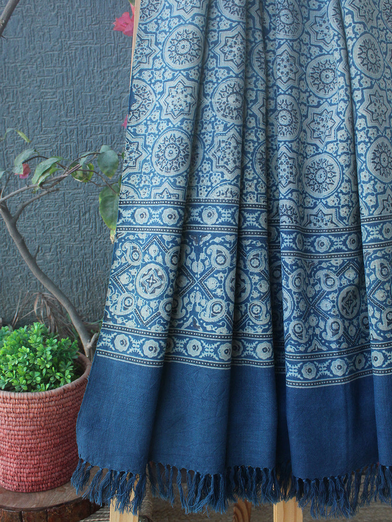 Indigo Bhujodi Handloom Pure Wool Ajrakh Hand Block Printed Stole
