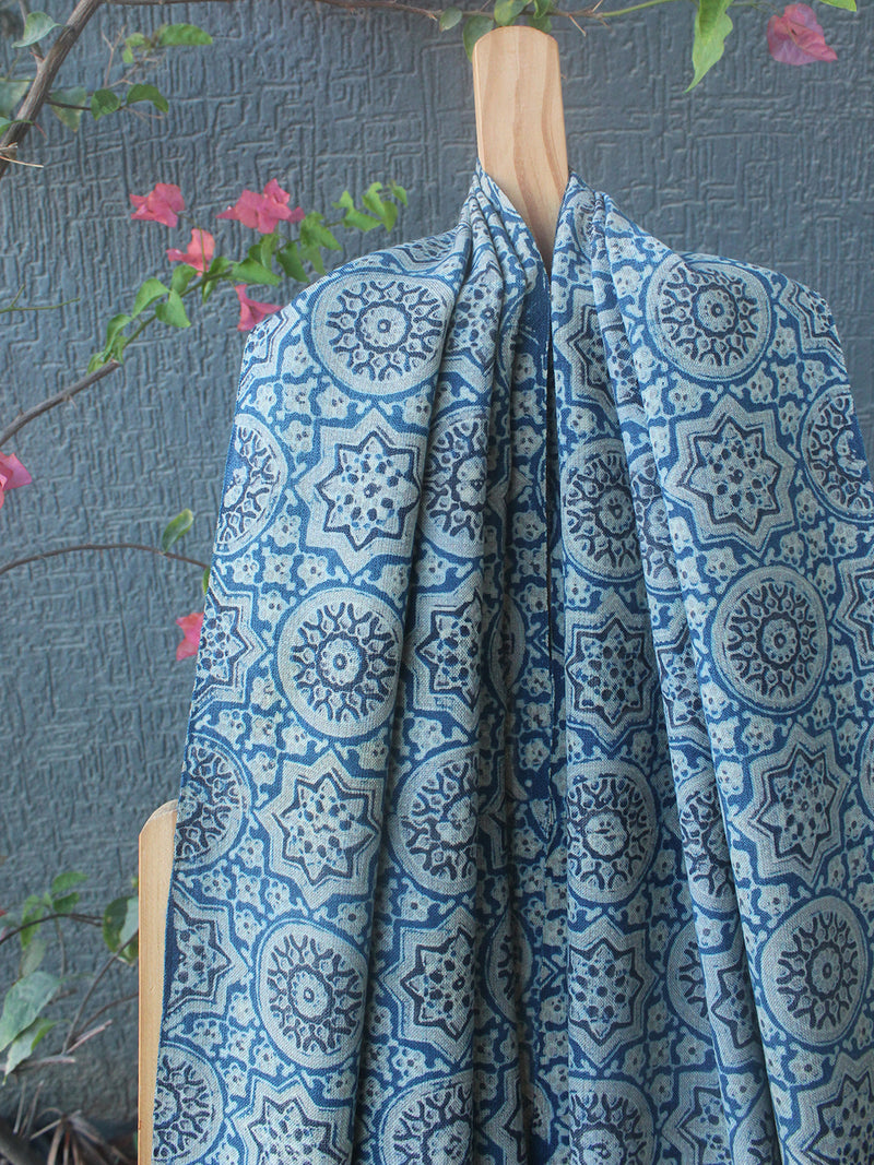 Indigo Bhujodi Handloom Pure Wool Ajrakh Hand Block Printed Stole