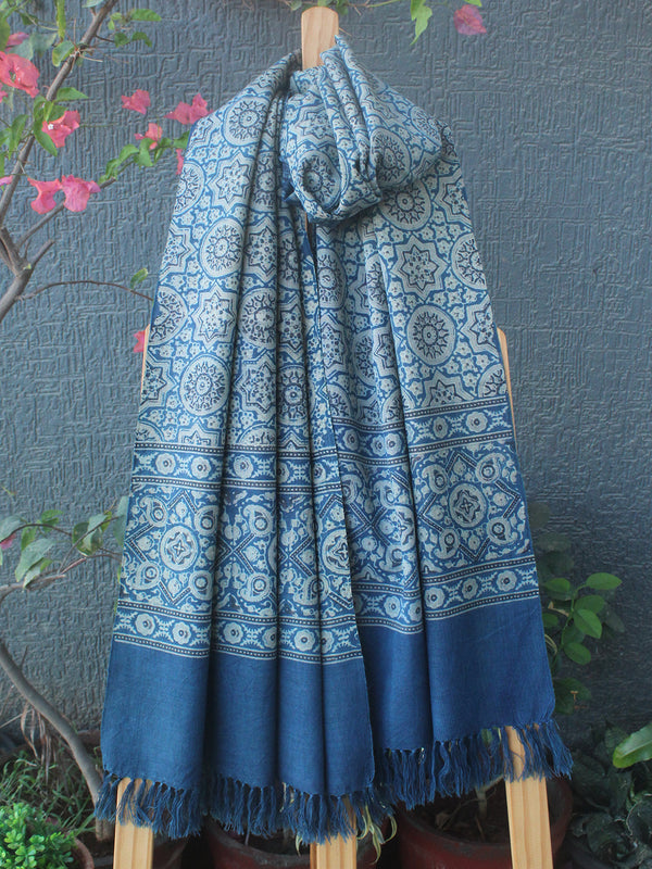 Indigo Bhujodi Handloom Pure Wool Ajrakh Hand Block Printed Stole