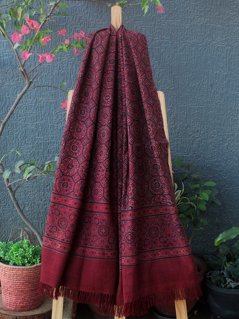 Red Bhujodi Handloom Pure Wool Ajrakh Hand Block Printed Stole