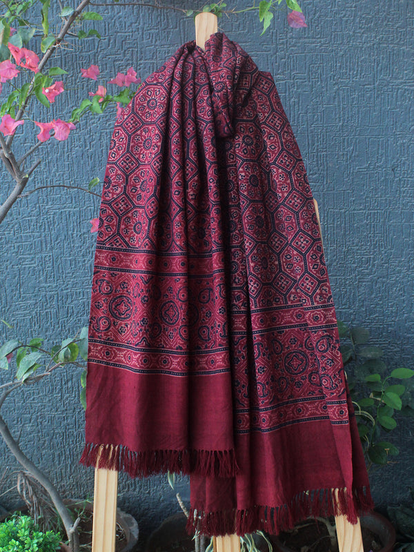 Red Bhujodi Handloom Pure Wool Ajrakh Hand Block Printed Stole