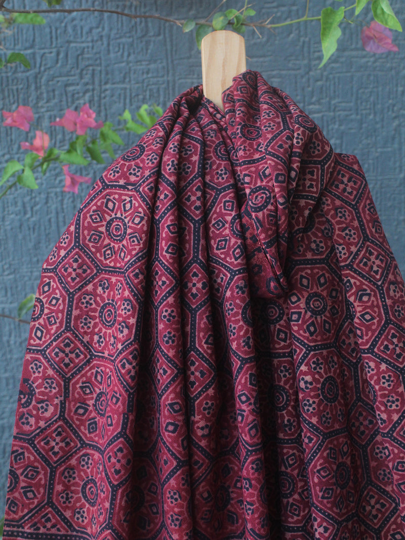 Red Bhujodi Handloom Pure Wool Ajrakh Hand Block Printed Stole