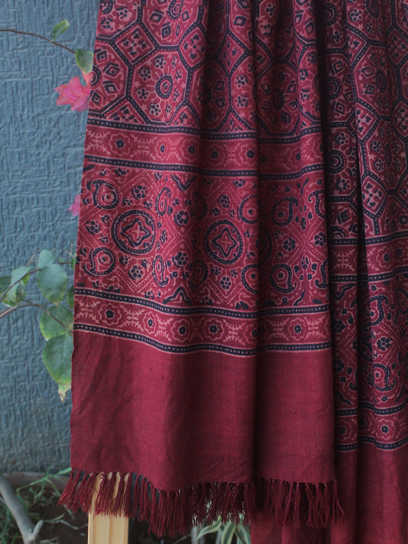 Red Bhujodi Handloom Pure Wool Ajrakh Hand Block Printed Stole