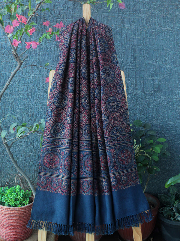 Indigo Bhujodi Handloom Pure Wool Ajrakh Hand Block Printed Stole