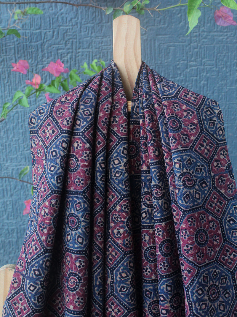 Indigo Bhujodi Handloom Pure Wool Ajrakh Hand Block Printed Stole