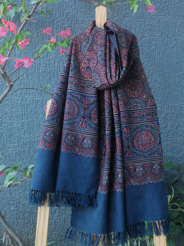 Indigo Bhujodi Handloom Pure Wool Ajrakh Hand Block Printed Stole