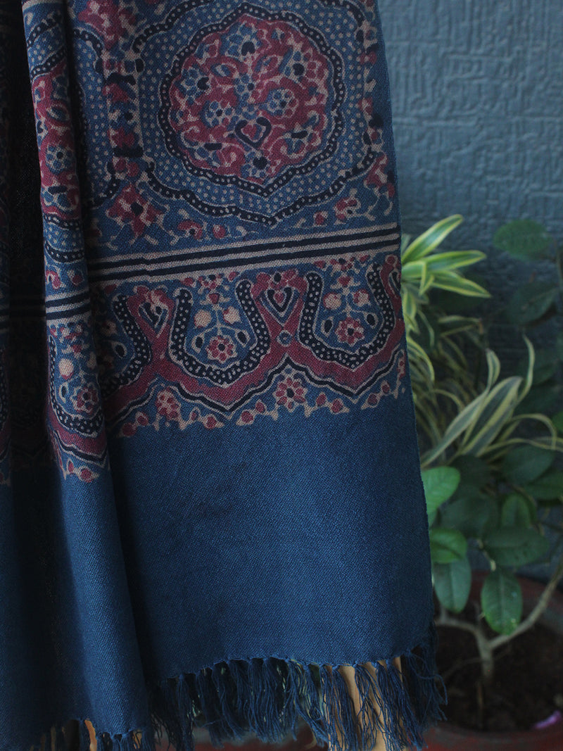 Indigo Bhujodi Handloom Pure Wool Ajrakh Hand Block Printed Stole