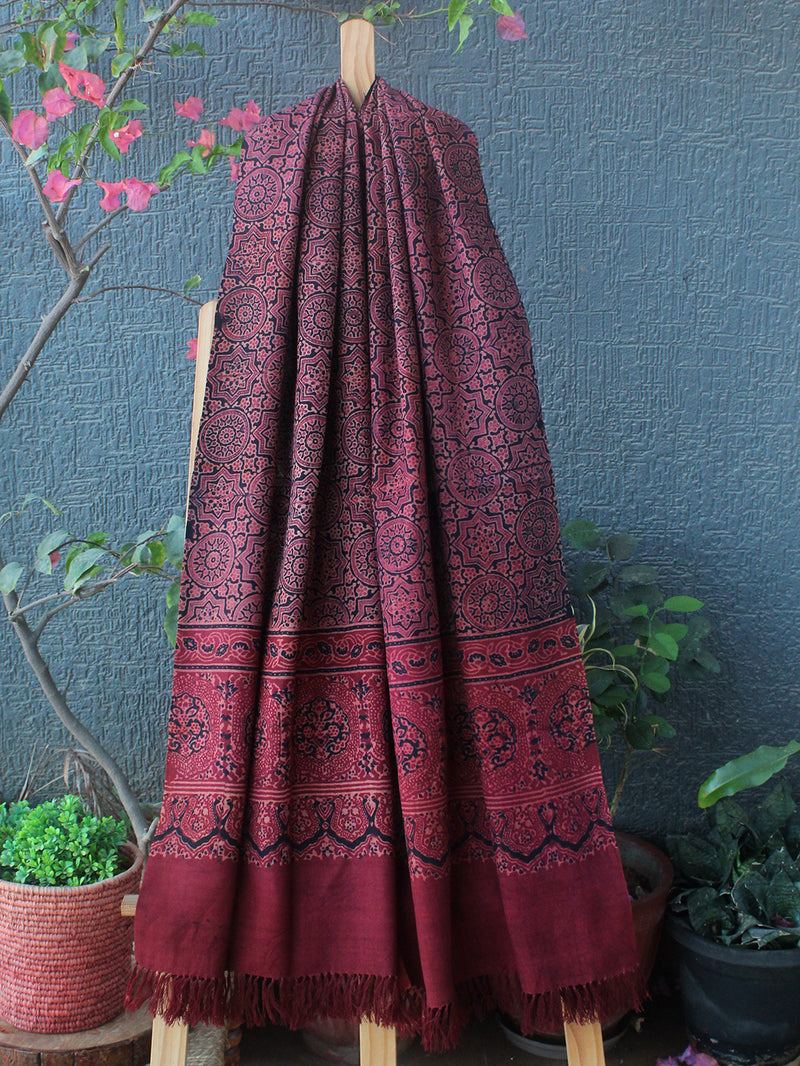 Red Bhujodi Handloom Pure Wool Ajrakh Hand Block Printed Stole